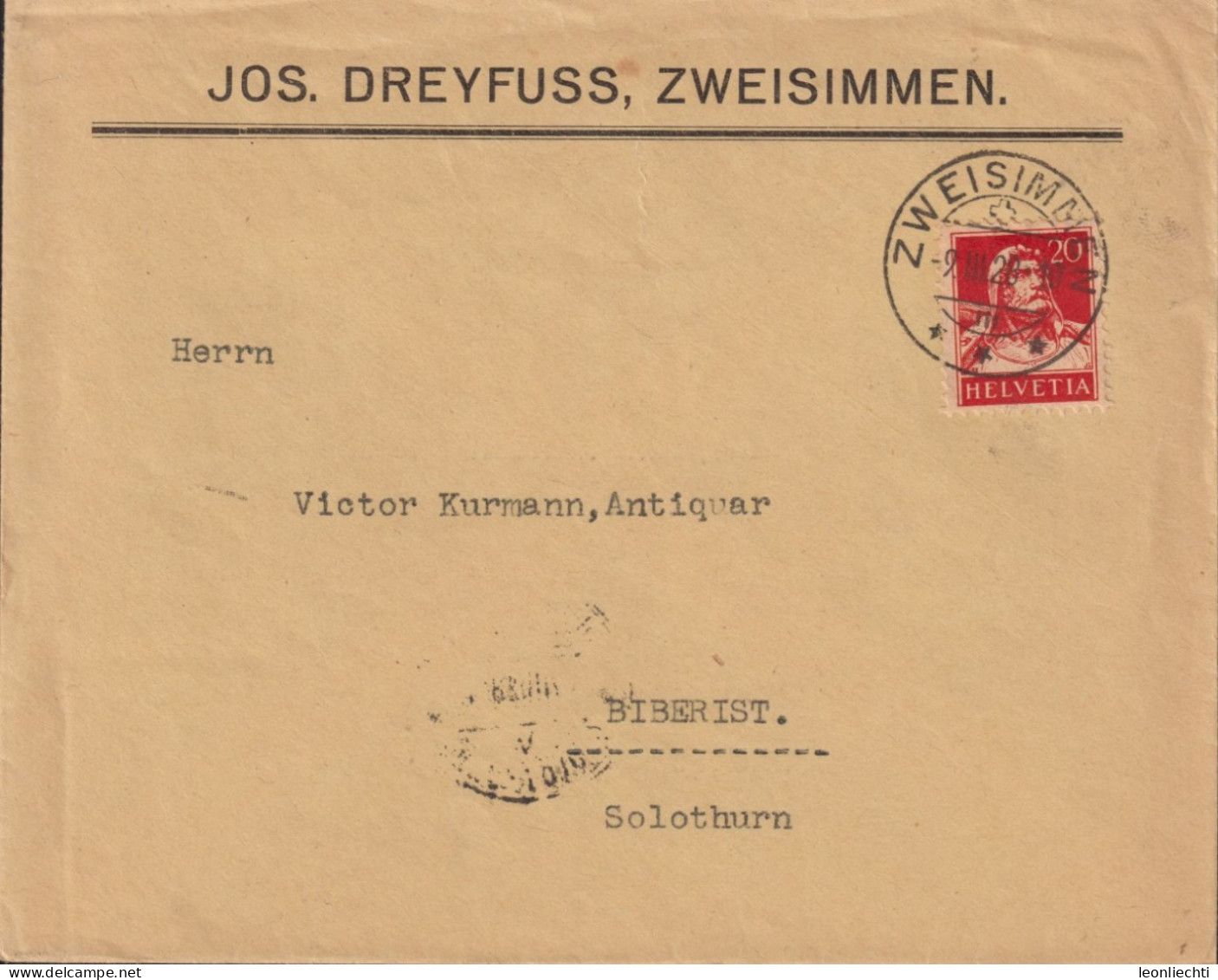 1925-28 Schweiz, Brief  Zum:CH 174,Mi:CH 206xTell, Jos. DREYFUSS, ZWEISIMMEN - Covers & Documents