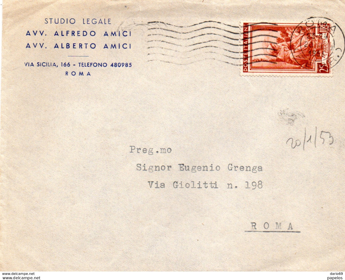 1953  LETTERA CON ANNULLO   ROMA - 1946-60: Marcophilie