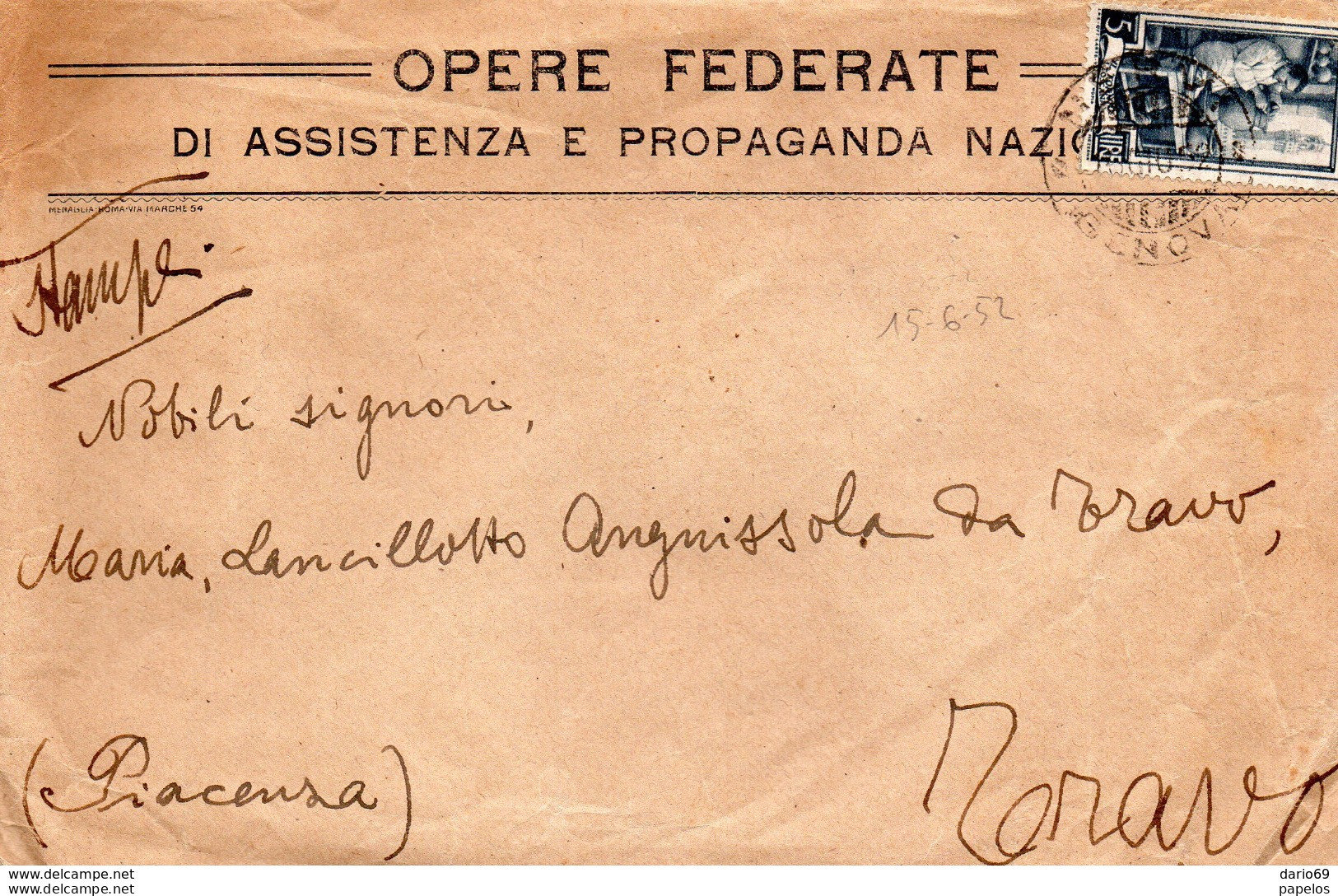 1952  LETTERA INTESTATA OPERA  FEDERATE DI ASSISTENZA E PROPAGANDA   CON ANNULLO   GENOVA - 1946-60: Marcophilie