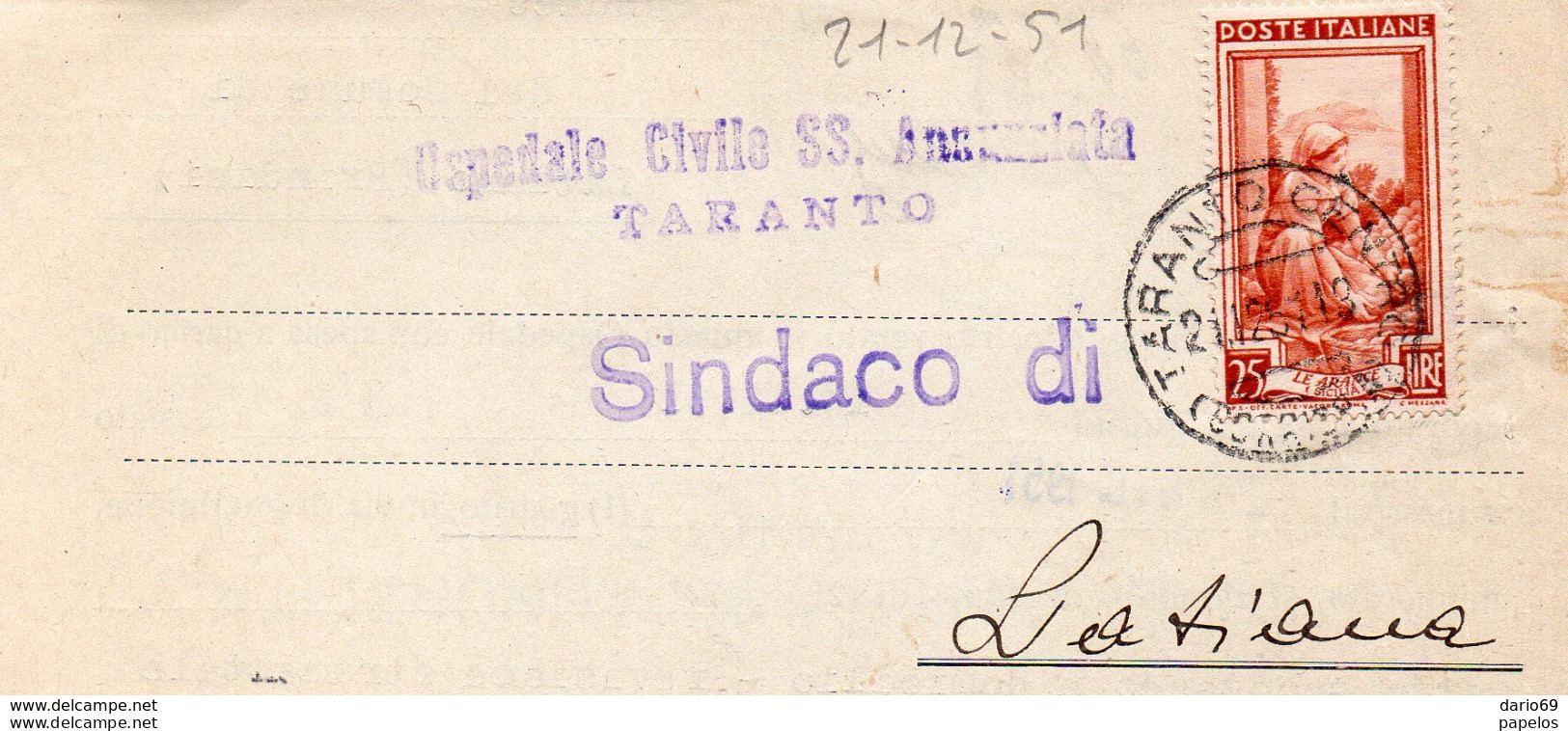 1951 Lettera Con Annullo TARANTO - 1946-60: Marcophilie