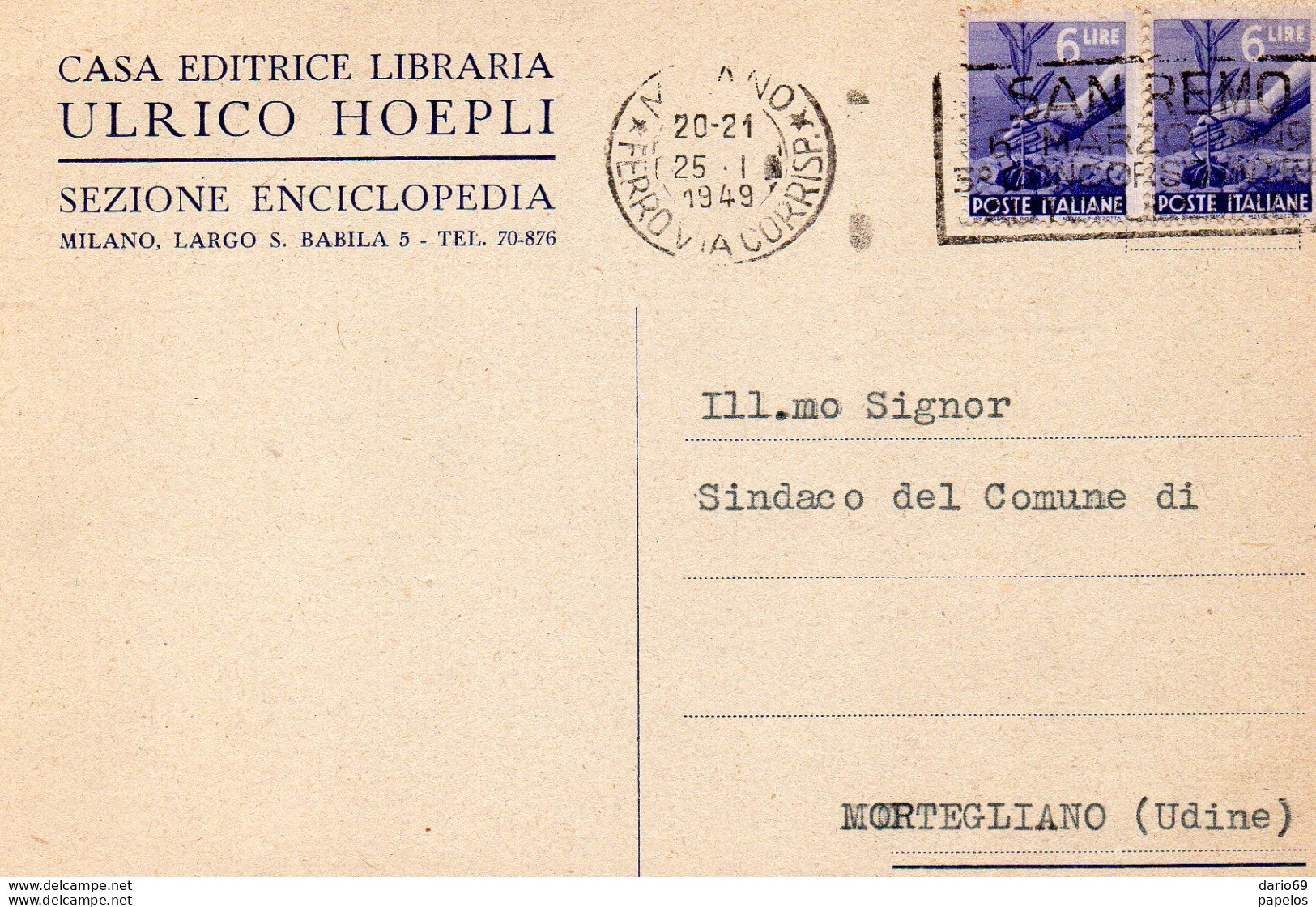 1949 CARTOLINA CON ANNULLO MILANO + TARGHETTA SAN REMO - 1946-60: Marcophilia