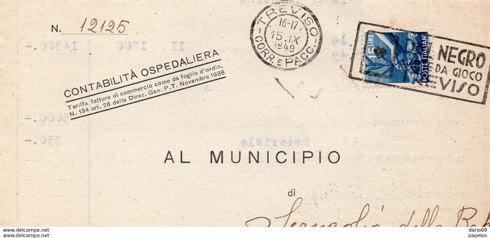 1949 LETTERA CON ANNULLO TREVISO + TARGHETTA CARTE DA GIOCO DAL NEGRO - 1946-60: Marcophilia