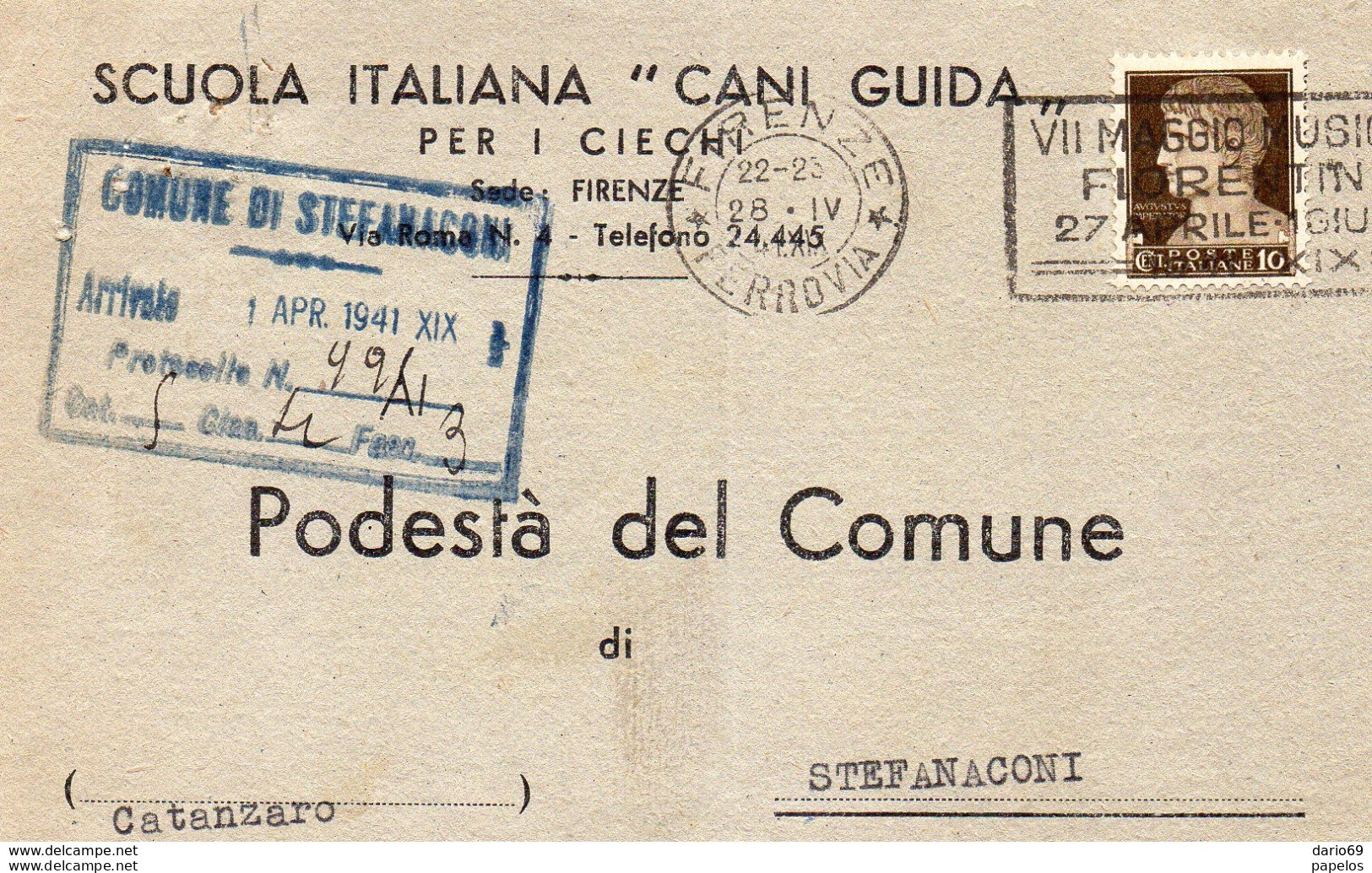 1941  CARTOLINA INTESTATA SCUOLA ITALIANA CANI GUIDA  CON ANNULLO FIRENZE  + TARGHETTA VII MAGGIO MUSICALE FIORENTINO - Marcophilia