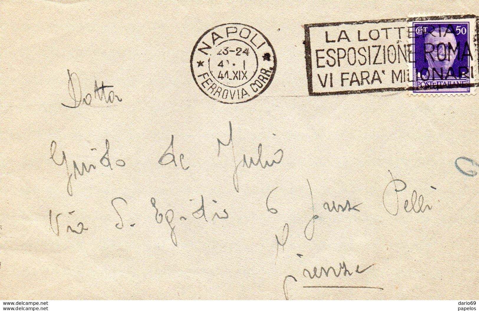 1941  LETTERA CON ANNULLO NAPOLI + TARGHETTA LA LOTTERIA ESPOSIZIONE ROMA - Marcophilia