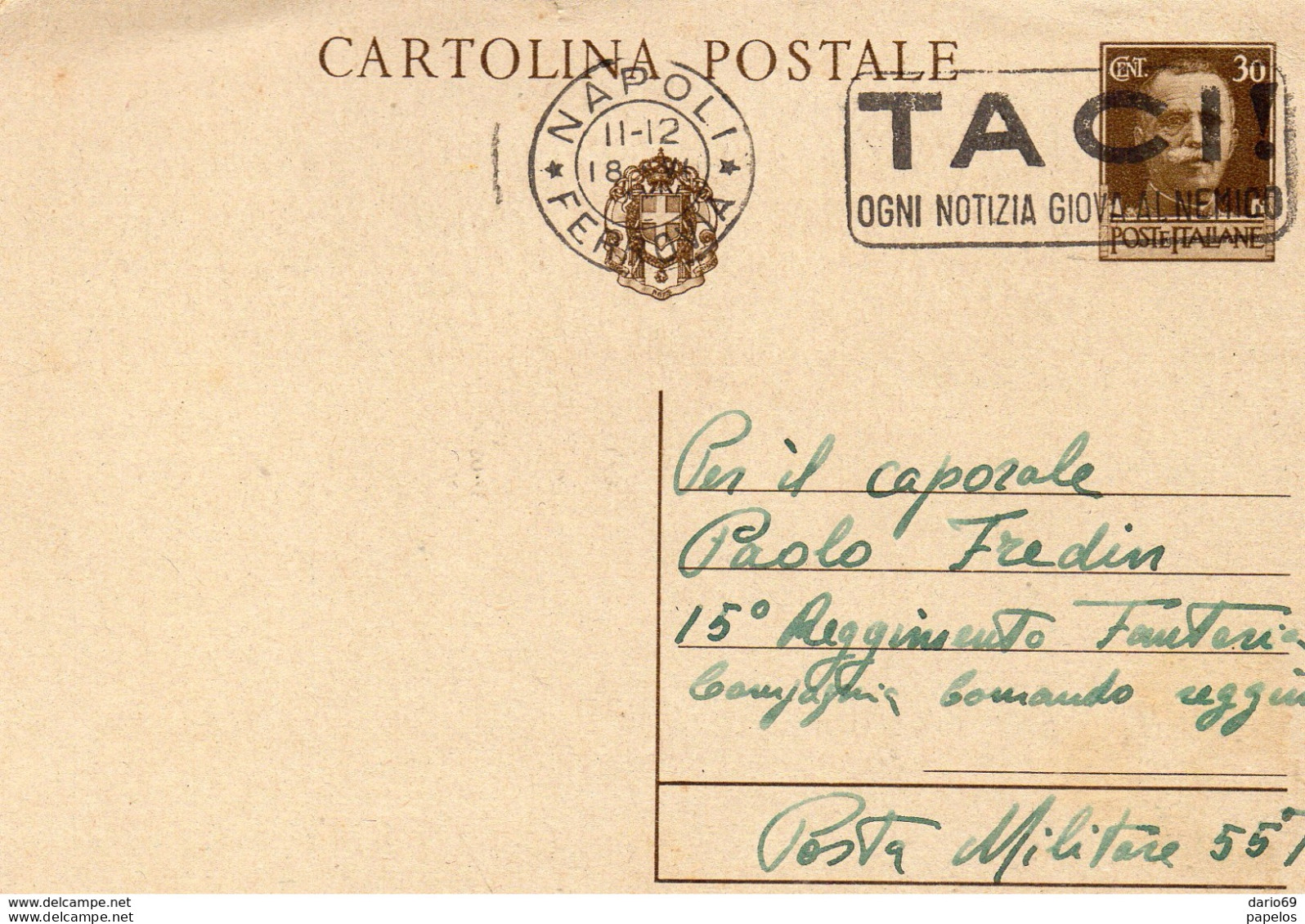 1941  CARTOLINA CON ANNULLO NAPOLI + TARGHETTA - Stamped Stationery