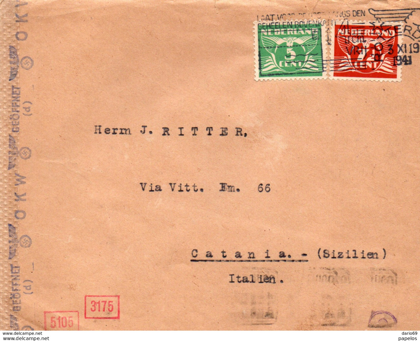 1941  LETTERA CON ANNULLO ROTTERDAM OLANDA + TARGHETTA - Covers & Documents