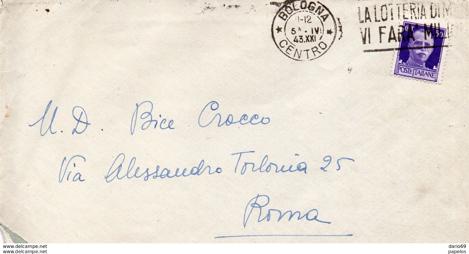 1943  LETTERA  CON ANNULLO BOLOGNA + TARGHETTA - Marcophilia