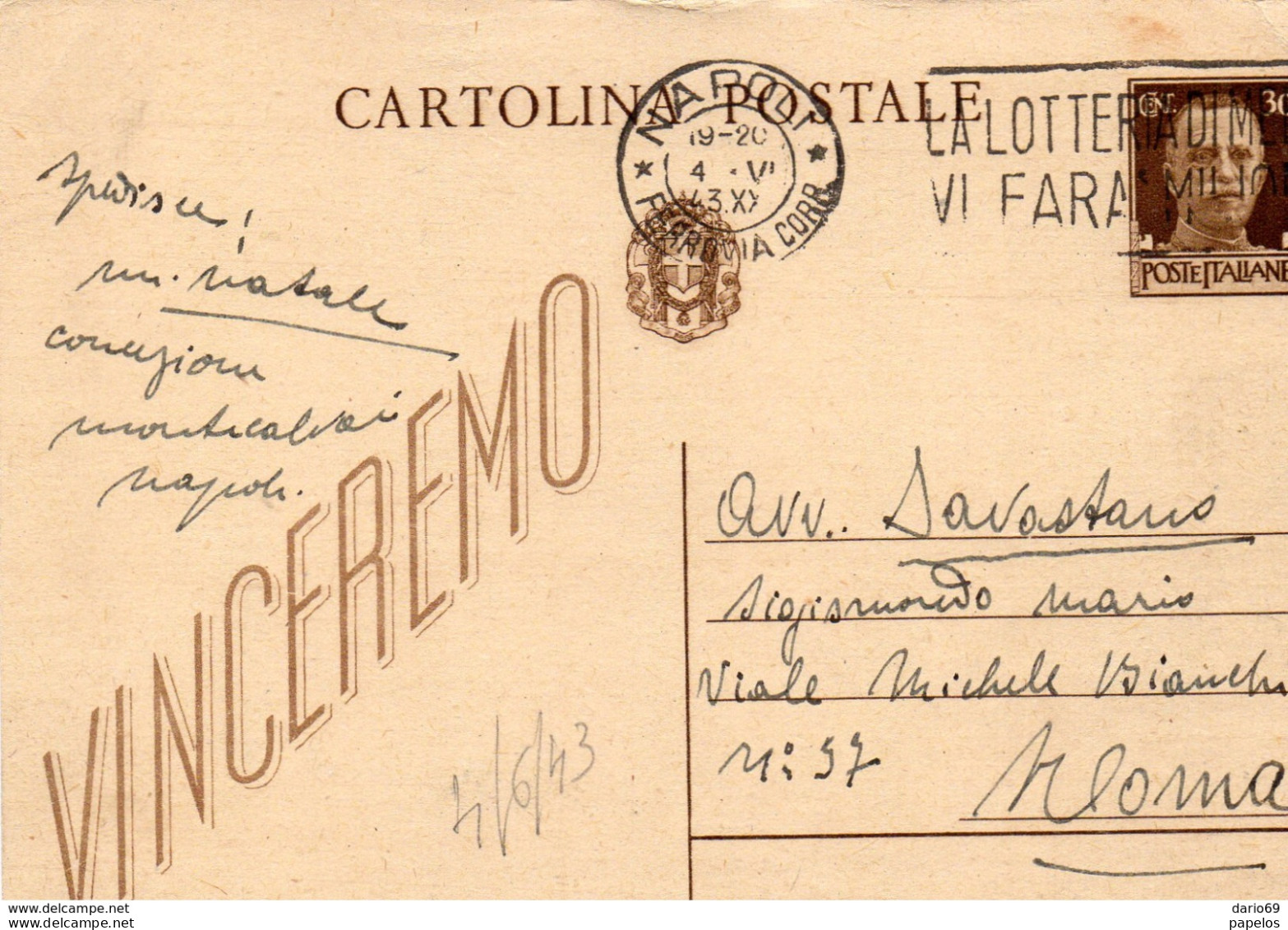 1943  CARTOLINA  CON ANNULLO NAPOLI + TARGHETTA - Marcophilia