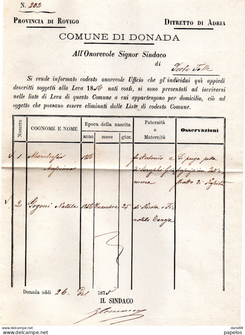 1875  D  LETTERA DONADA ROVIGO - Historische Dokumente
