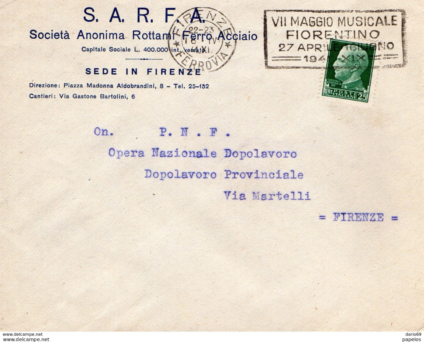 1941 LETTERA  CON ANNULLO FIRENZE + TARGHETTA MAGGIO MUSICALE FIORENTINO - Marcophilie