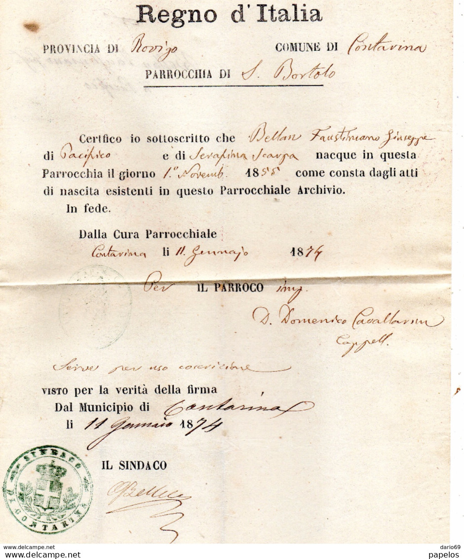 1874 CERTIFICATO DEL COMUNE DI CONTARINA ROVIGO - Historische Documenten
