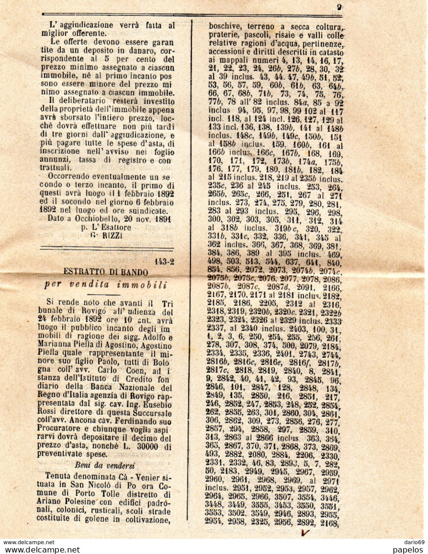 1891 PREFETTURA DI ROVIGO ANNUNZI LEGALI - Historische Dokumente