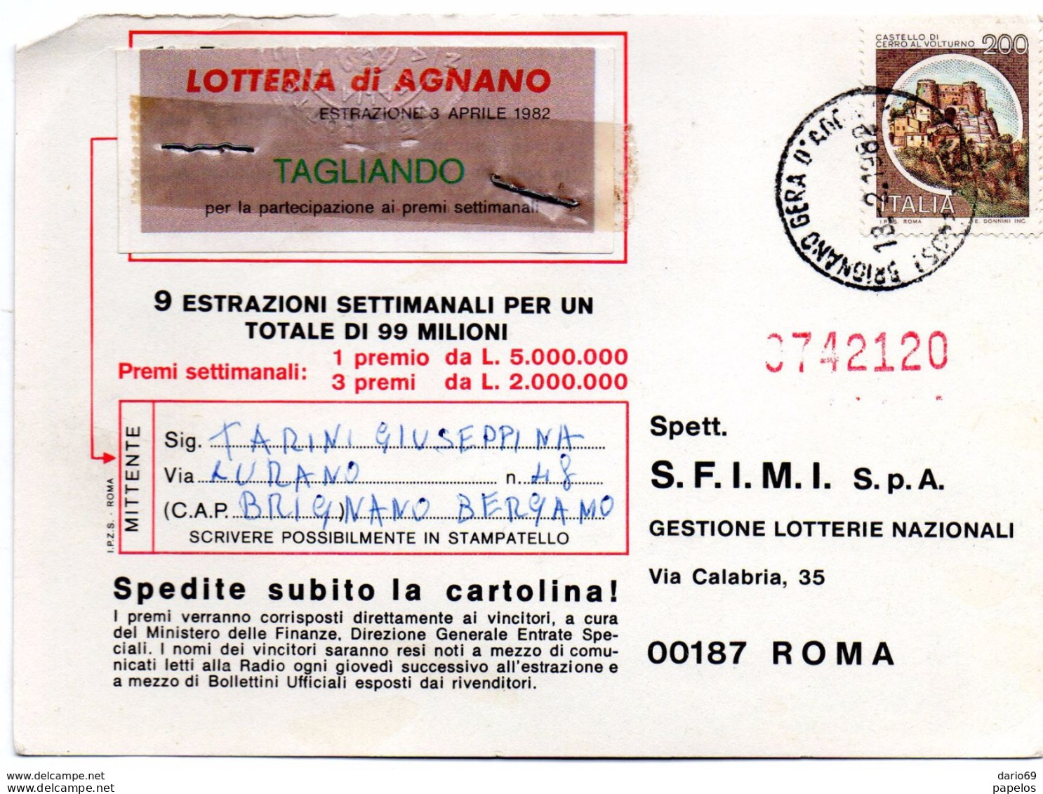 1982 CARTOLINA CON ANNULLO BRIGNANO BERGAMO - 1981-90: Marcophilie