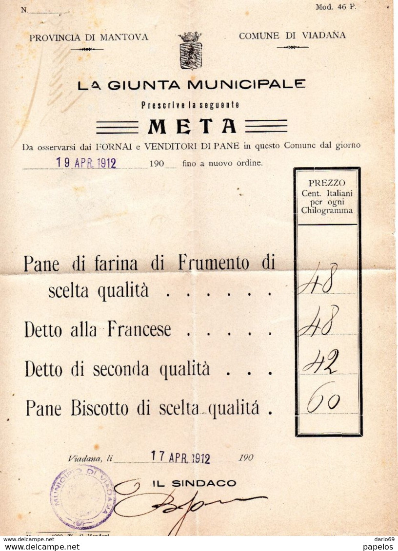 1912  LETTERA CON ANNULLO VIADANA MANTOVA  PREZZO DEL PANE - Marcophilie