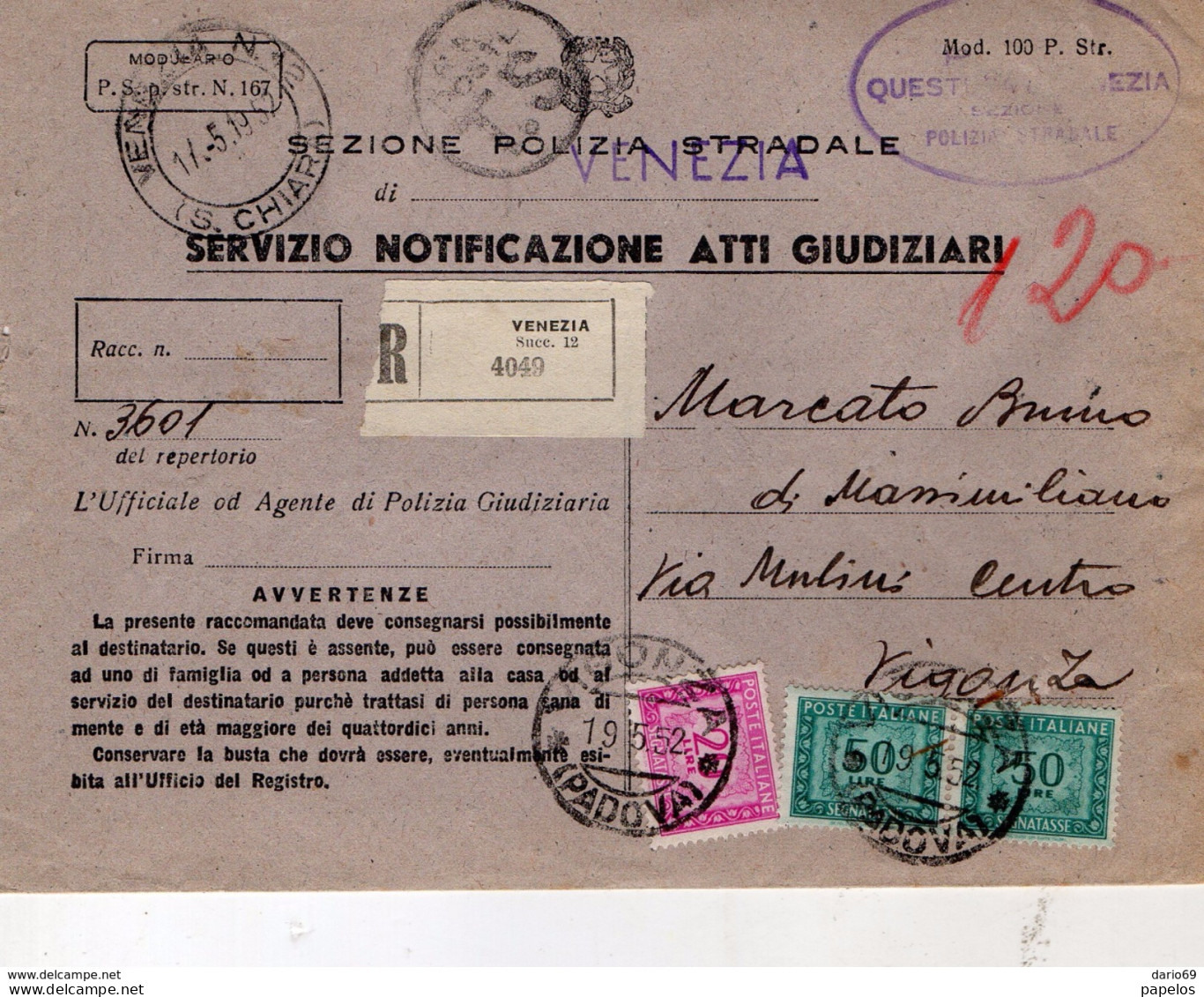 1952 LETTERA RACCOMANDATA CON ANNULLO VENEZIA + VIGONZA PADOVA - Segnatasse