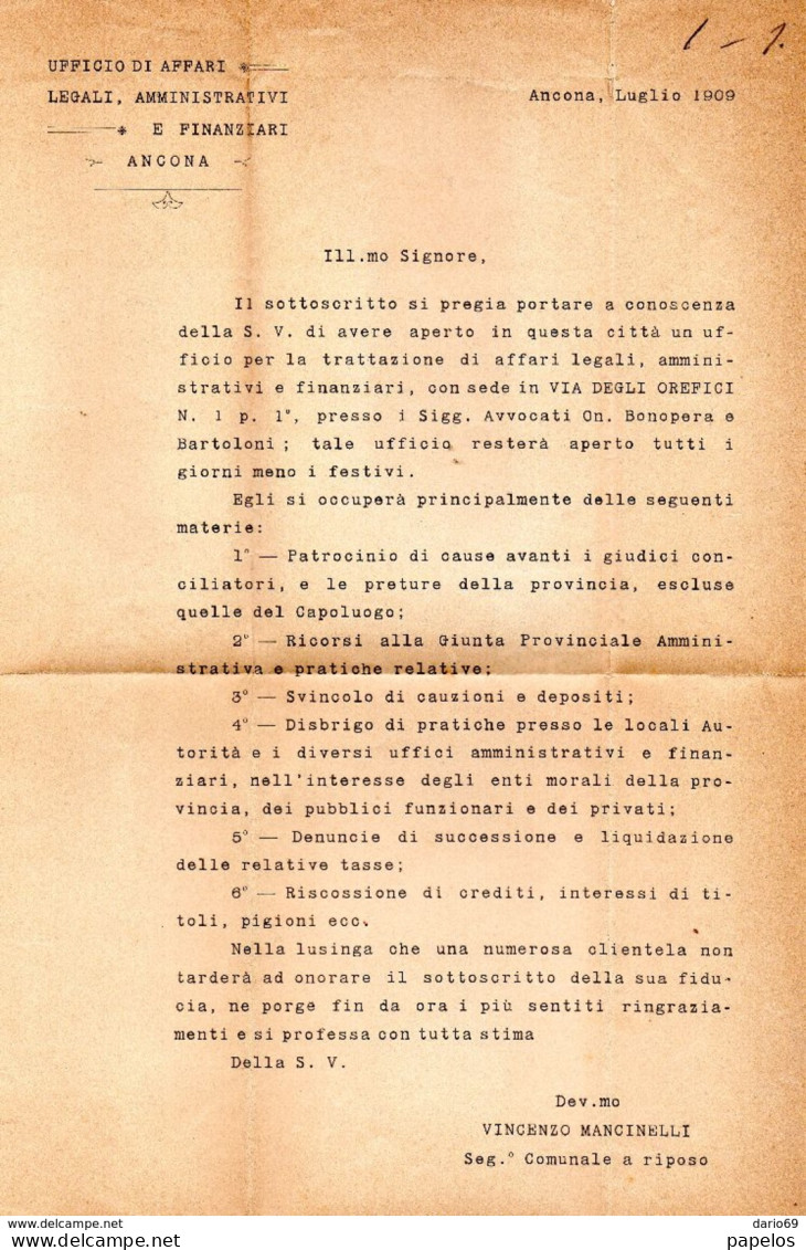 1909 LETTERA  CON ANNULLO  ANCONA  + FABRIANO - Marcophilia