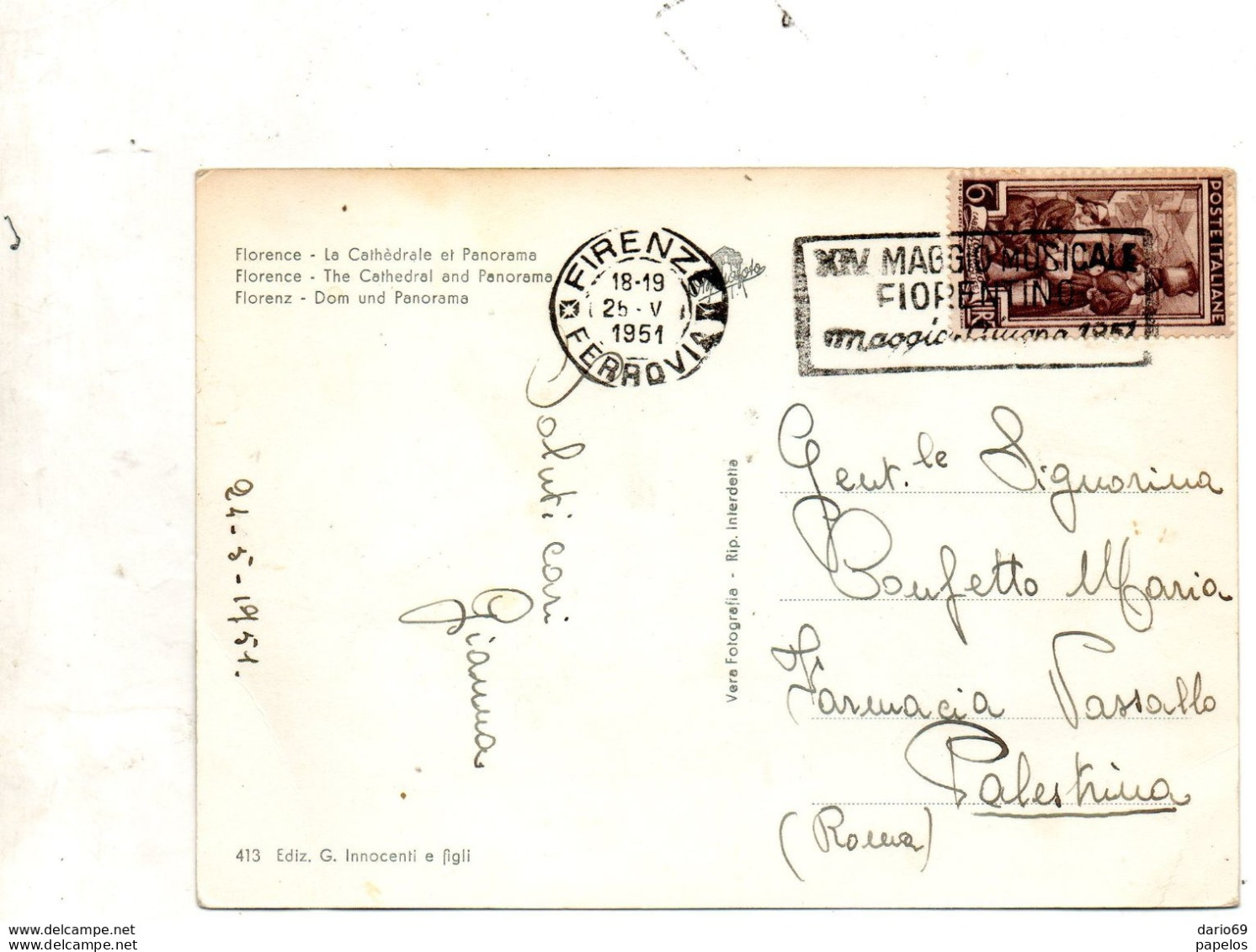 1951 CARTOLINA CON ANNULLO FIRENZE + TARGHETTA - 1946-60: Marcophilie