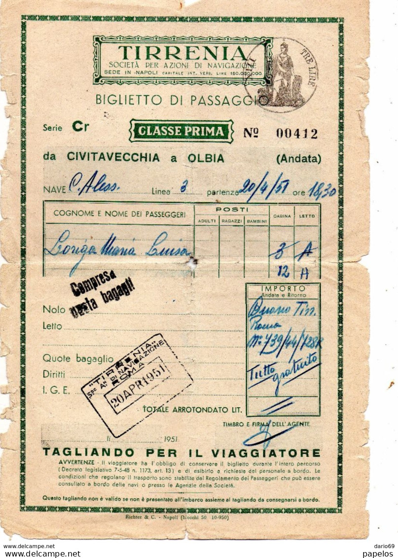 1951 BIGLIETTO DI PASSAGGIO PRIMA CLASSE TIRRENIA - Europa