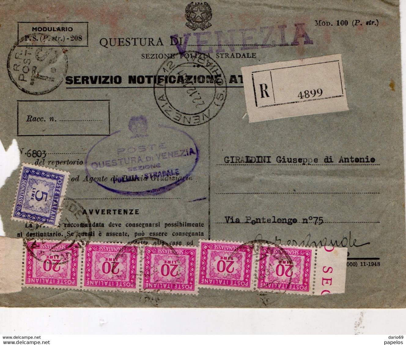1951 LETTERA RACCOMANDATA CON ANNULLO VENEZIA - Postage Due