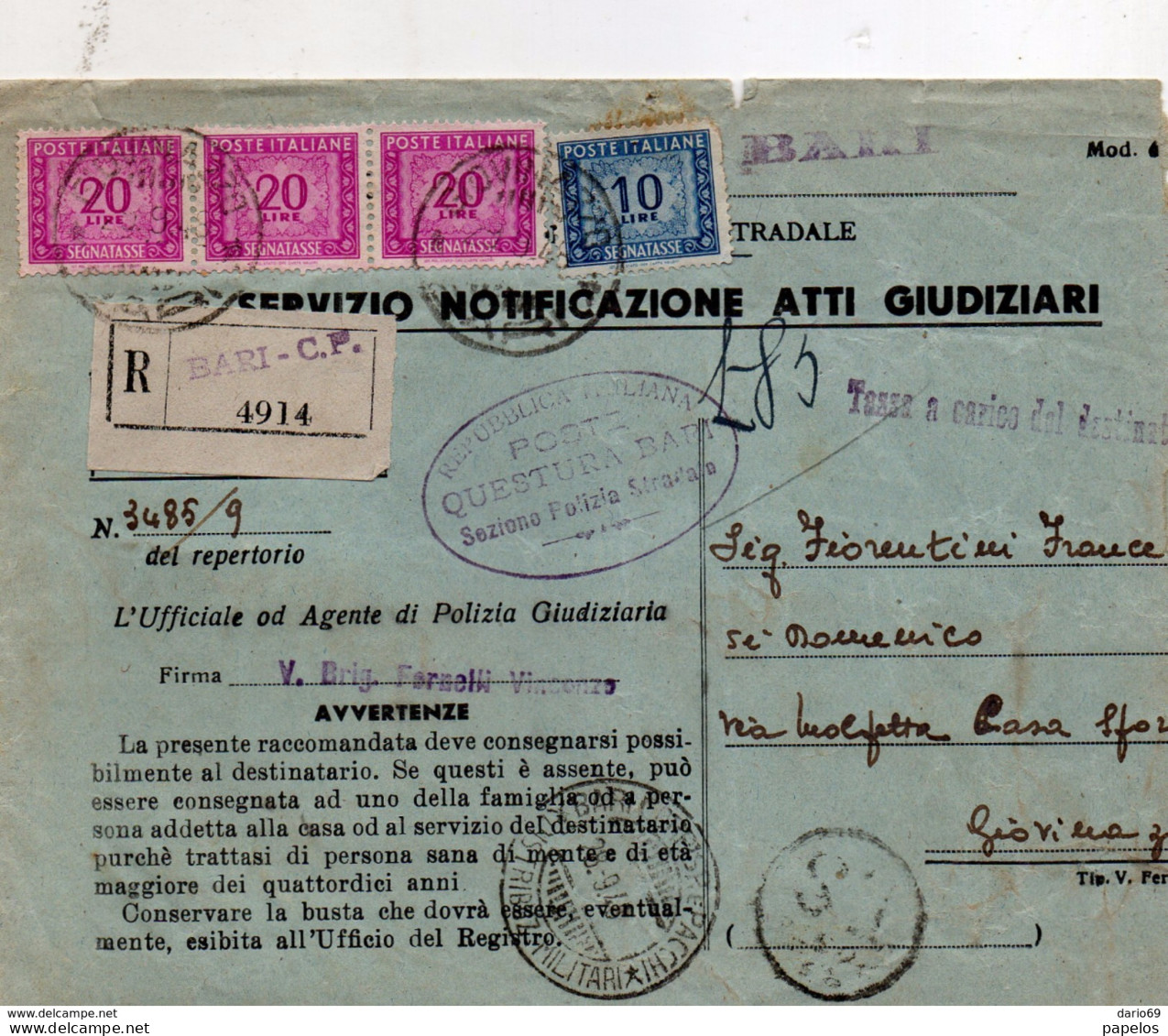 1948 LETTERA RACCOMANDATA CON ANNULLO BARI - Postage Due