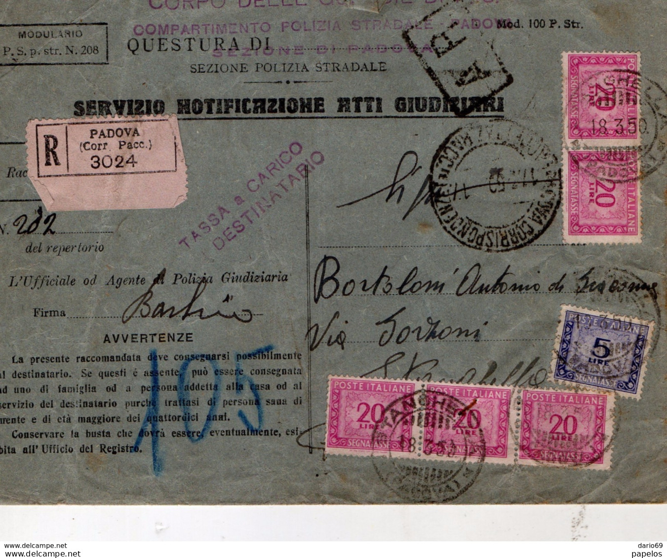 1950 LETTERA RACCOMANDATA  CON ANNULLO PADOVA - Postage Due