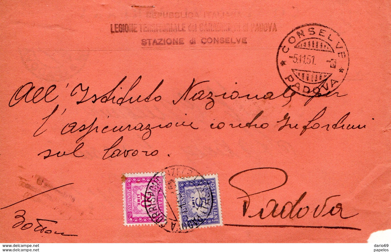 1951 LETTERA CON ANNULLO CONSELVE  PADOVA - Portomarken