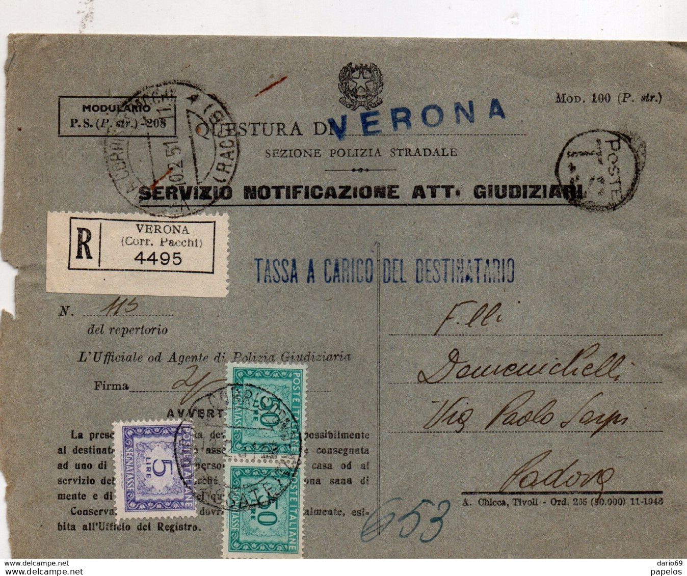 1951 LETTERA RACCOMANDATA  CON ANNULLO VERONA - Segnatasse