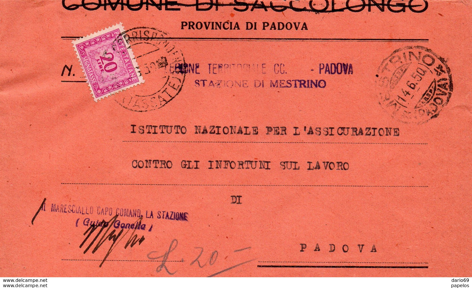 1950 LETTERA CON ANNULLO MESTRINO PADOVA - Postage Due