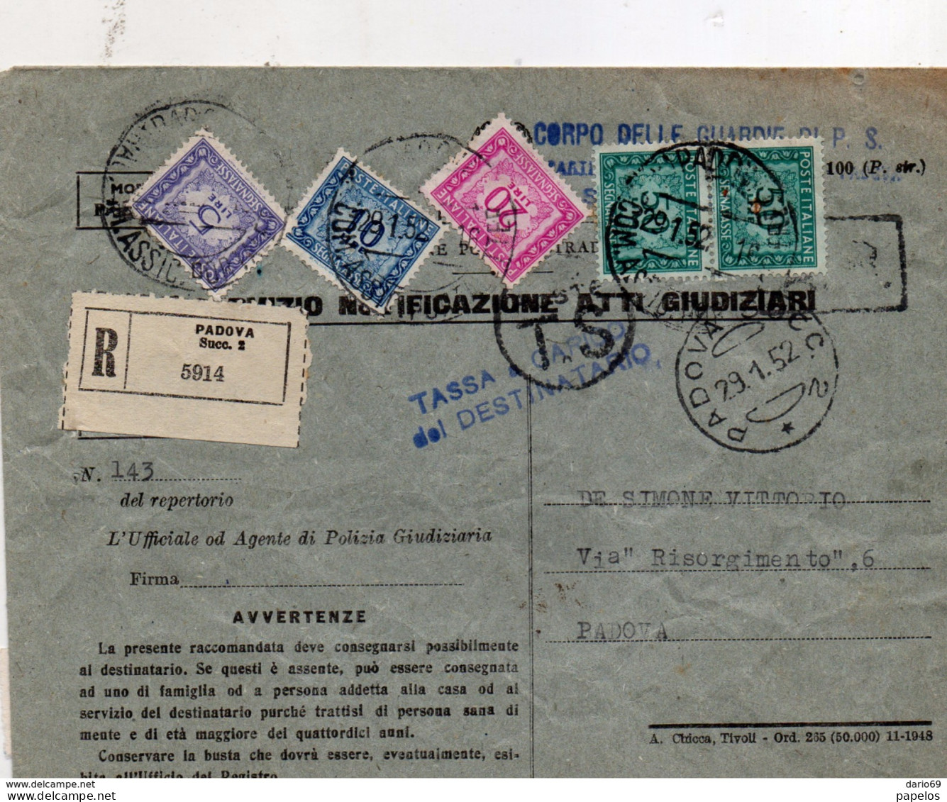 1952 LETTERA CON ANNULLO PADOVA - Postage Due