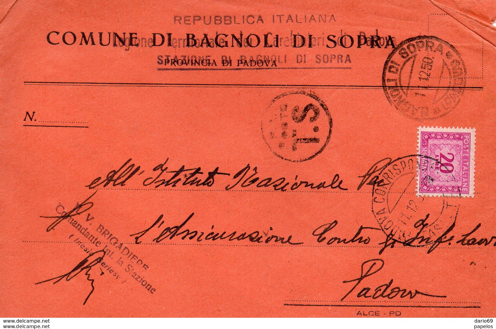 1950 LETTERA CON ANNULLO PADOVA BAGNOLI DI SOPRA - Impuestos