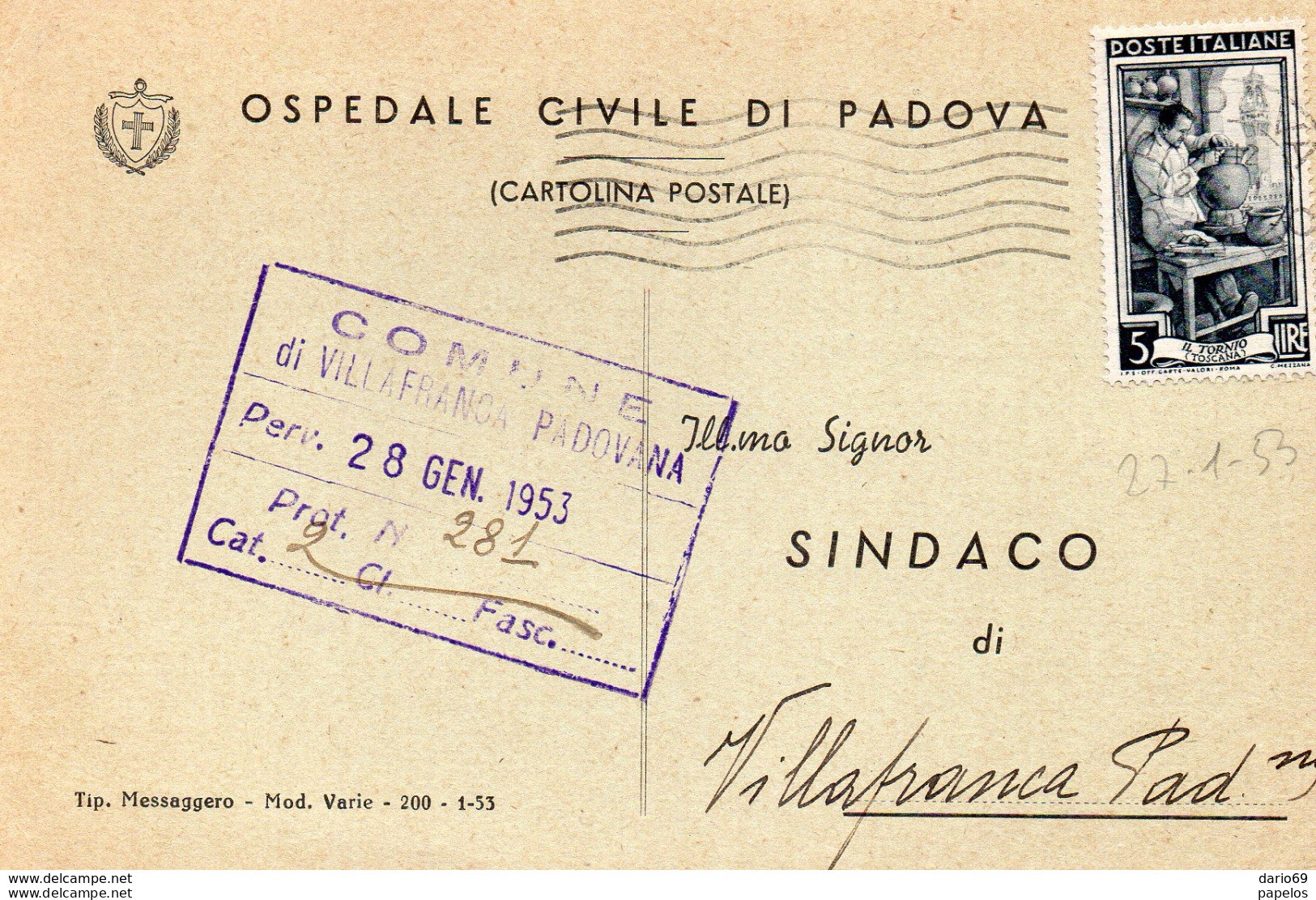 1953  CARTOLINA INTESTATA OSPEDALE CON ANNULLO  PADOVA - 1946-60: Marcophilia