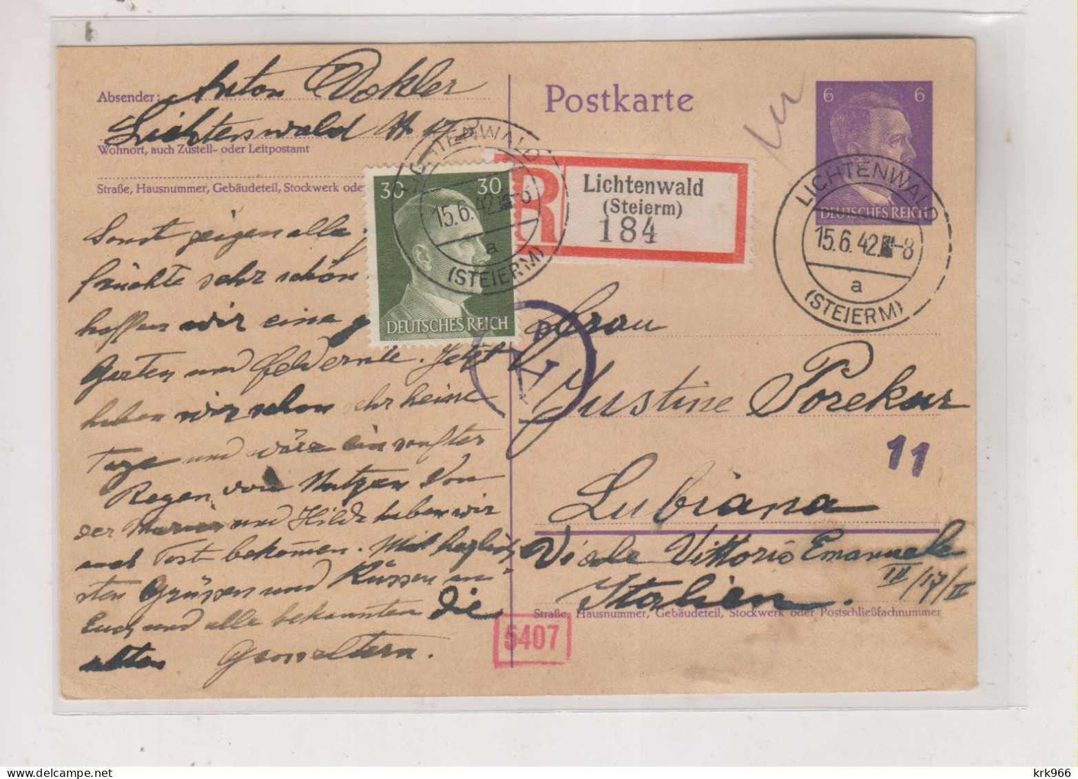SLOVENIA  GERMANY  WW II 1942 LICHTENWALD SEVNICA Registered Censored Postal Stationery To Ljubljana Italy - Slovenië