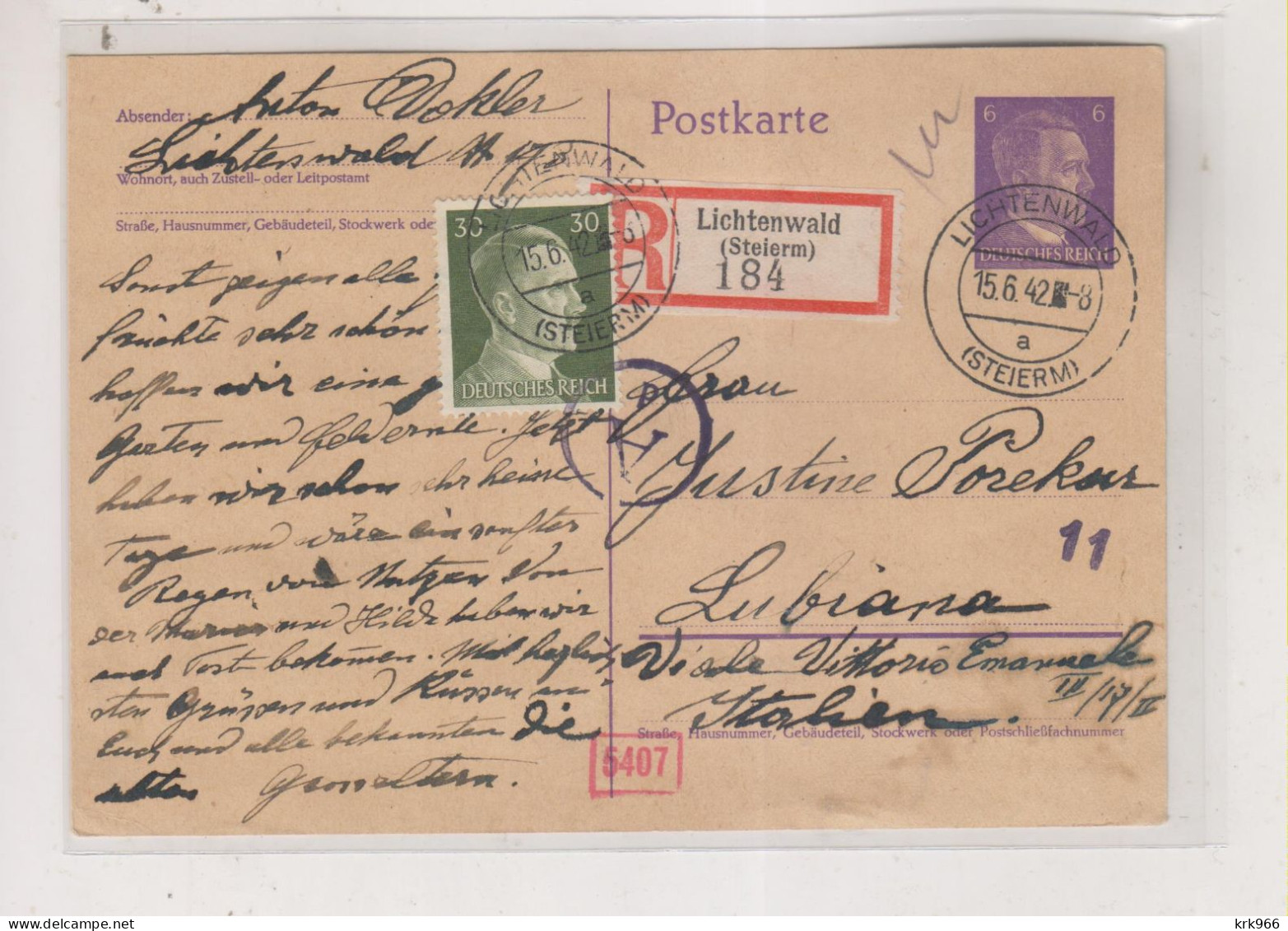 SLOVENIA  GERMANY  WW II 1942 LICHTENWALD SEVNICA Registered Censored Postal Stationery To Ljubljana Italy - Slovenia