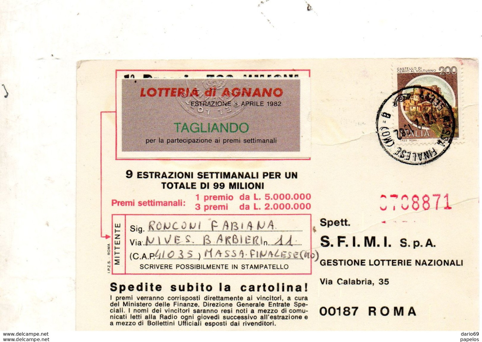 1982 CARTOLINA LOTTERIA DI AGNANO CON ANNULLO  MASSA FINALESE MO - 1981-90: Marcophilia