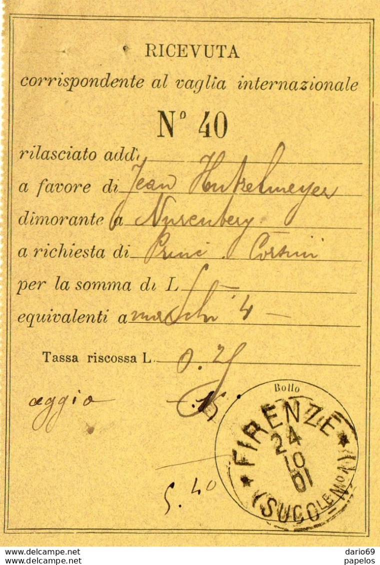 1901 RICEVUTA VAGLIA INTERNAZIONALE FIRENZE - Documents Historiques