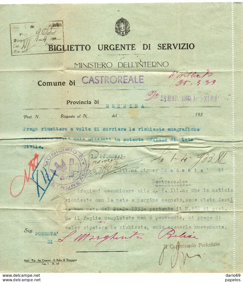 1933 LETTERA CON ANNULLO CASTROREALE MESSINA - Marcofilía