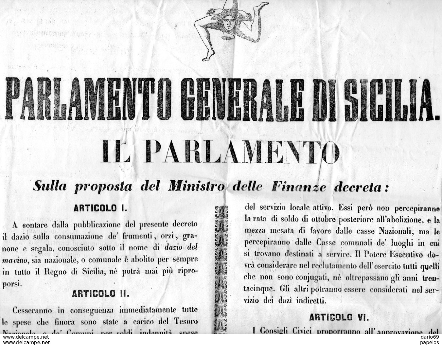 1848  MANIFESTO PARLAMENTO GENERALE DI SICILIA - Posters