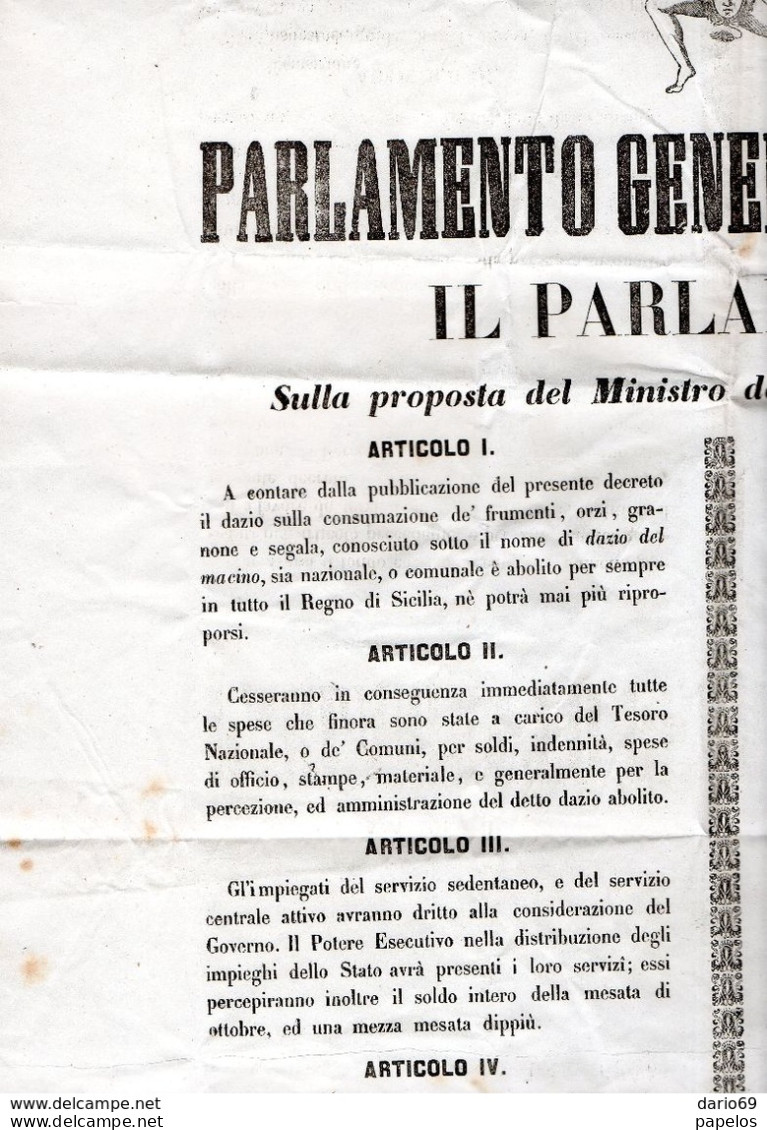 1848  MANIFESTO PARLAMENTO GENERALE DI SICILIA - Affiches