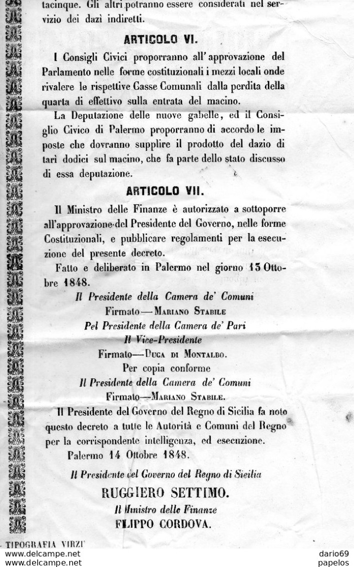 1848  MANIFESTO PARLAMENTO GENERALE DI SICILIA - Afiches