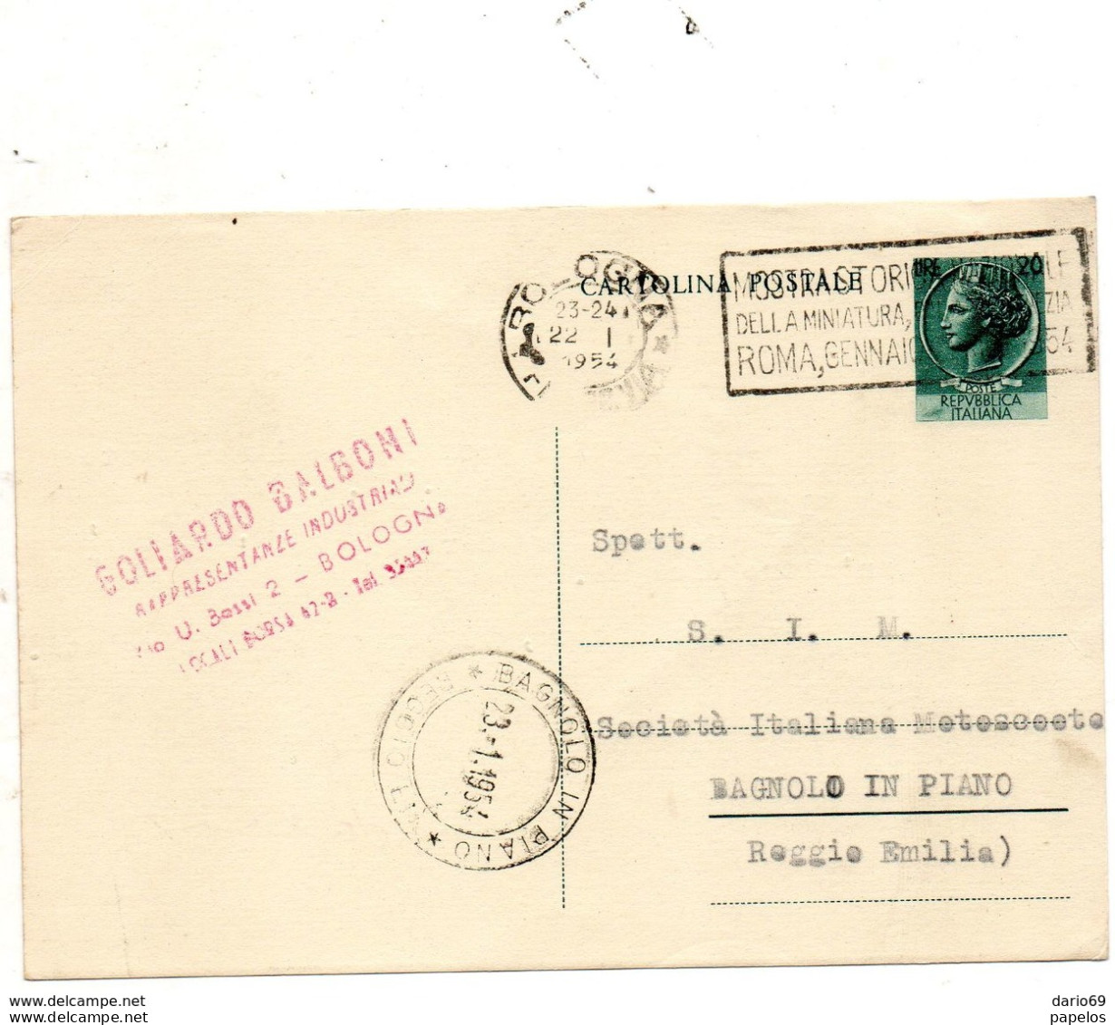 1954 CARTOLINA CON ANNULLO BOLOGNA + BAGNOLO IN PIANO  + TARGHETTA - Ganzsachen