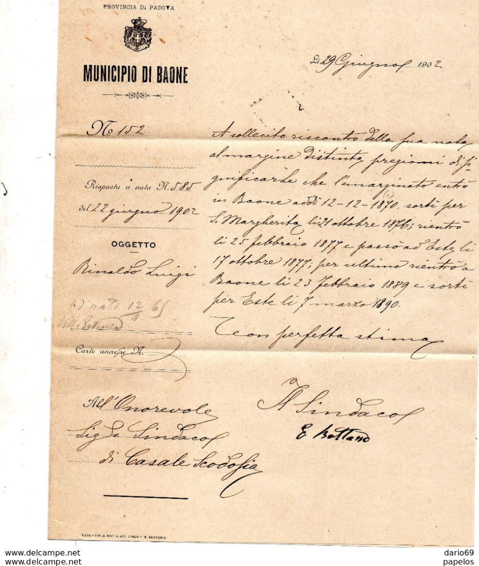 1902   LETTERA CON ANNULLO  ESTE PADOVA  + BAONE - Storia Postale