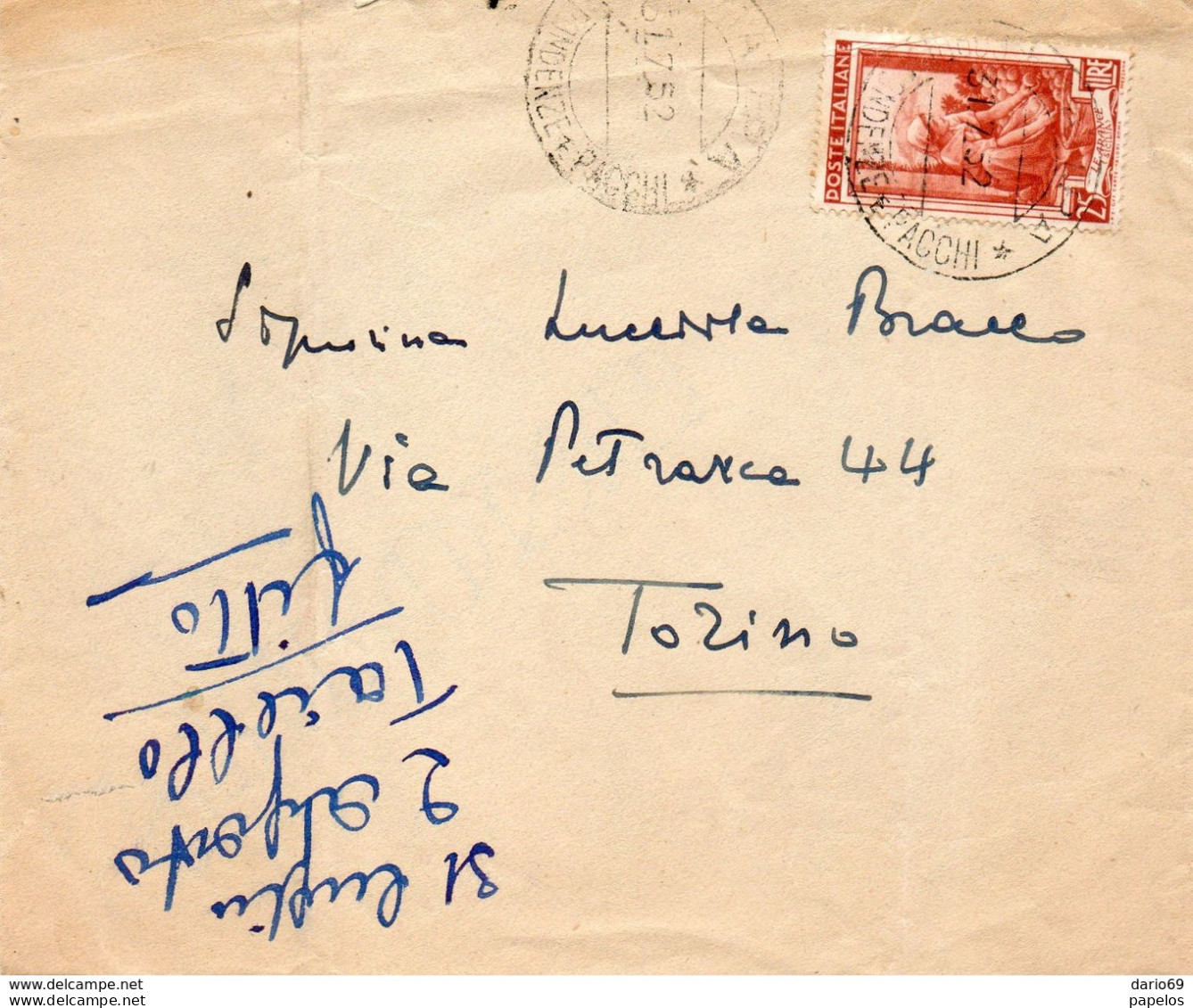 1952 LETTERA CON ANNULLO  MATERA + TORINO  + TARGHETTA CONSUMATE ARANCE SICILIANE - 1946-60: Marcophilia