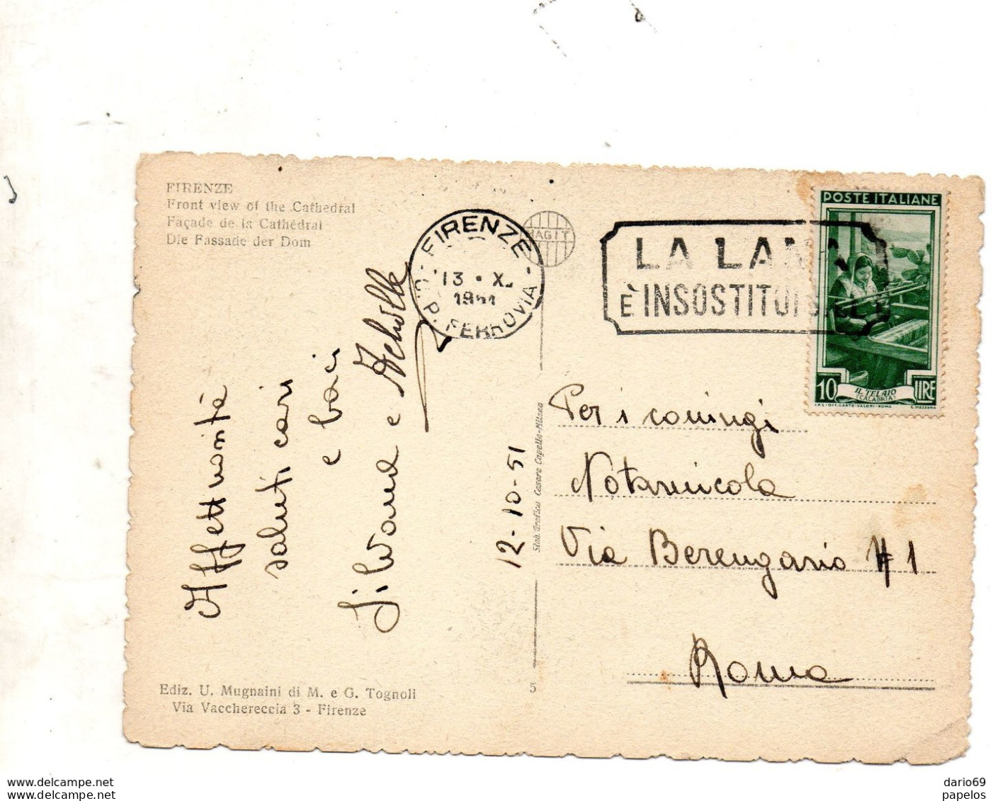 1951 CARTOLINA CON ANNULLO  FIRENZE  + TARGHETTA LA LANA è INSOSTITUIBILE - 1946-60: Storia Postale