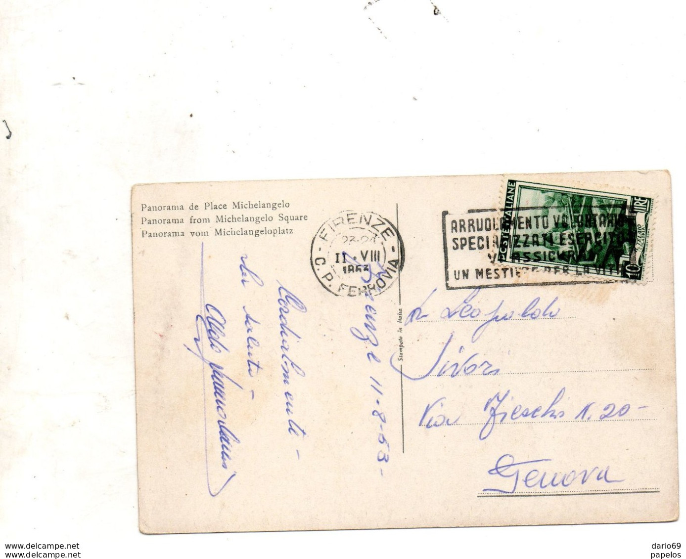 1953 CARTOLINA CON ANNULLO  FIRENZE  + TARGHETTA ARRUOLAMENTO VOLONTARIO - 1946-60: Poststempel
