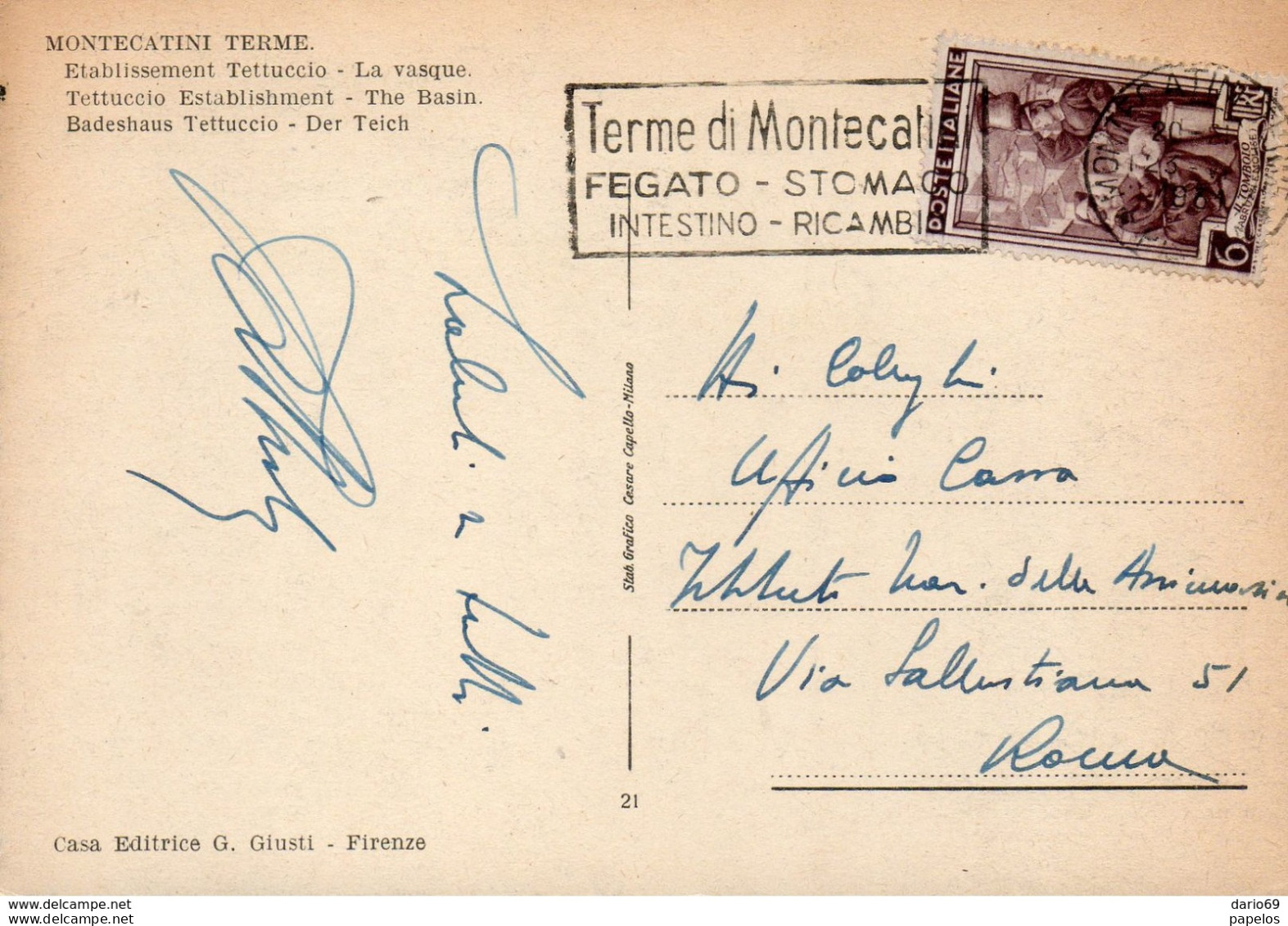 1961 CARTOLINA CON ANNULLO  MONTECATINI TERME + TARGHETTA - 1961-70: Storia Postale