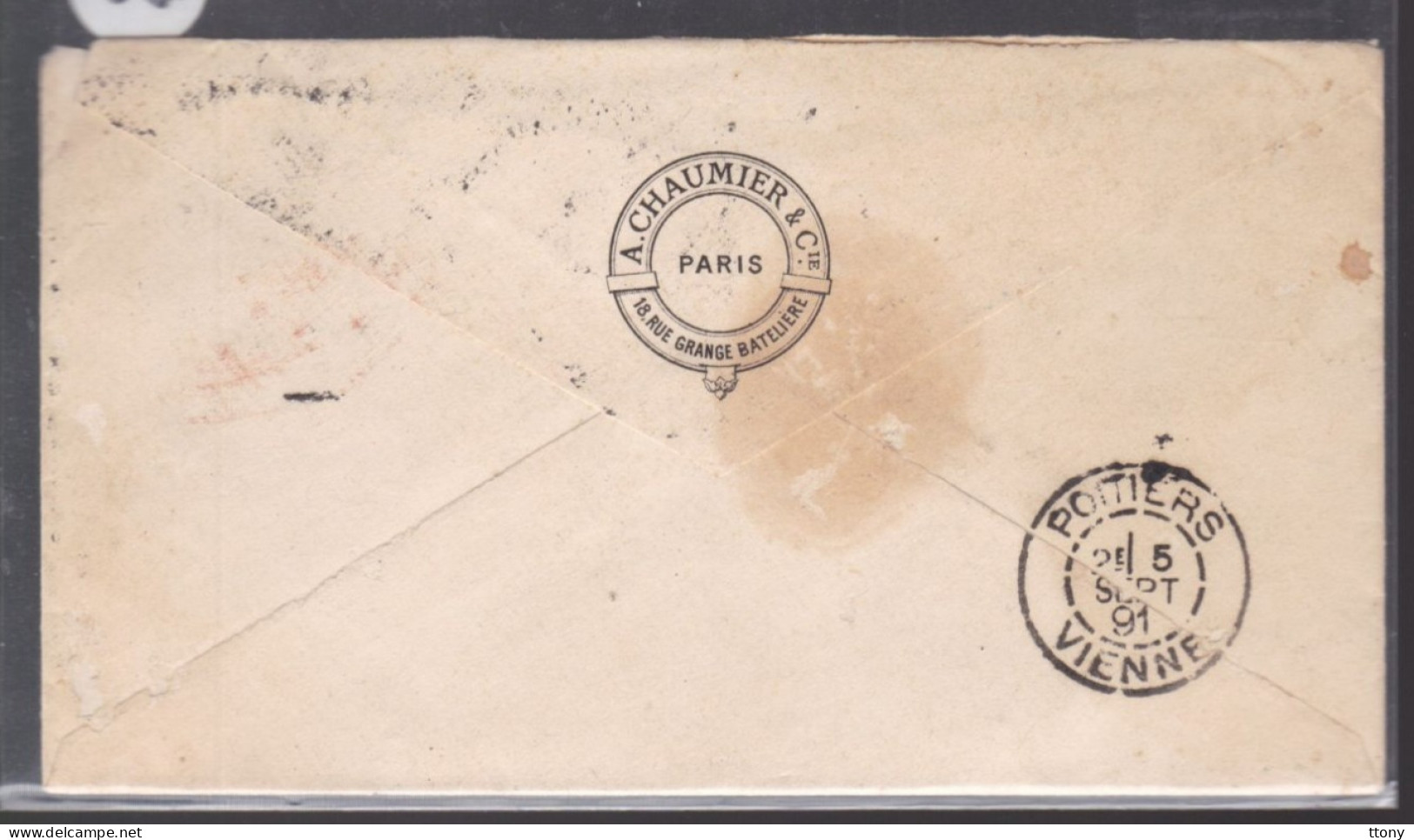 Un Timbre 15 C Type Sage   Sur Enveloppe S.C   Cachet  Paris 1891 Place De La Bourse Destination Poitiers - 1877-1920: Semi Modern Period
