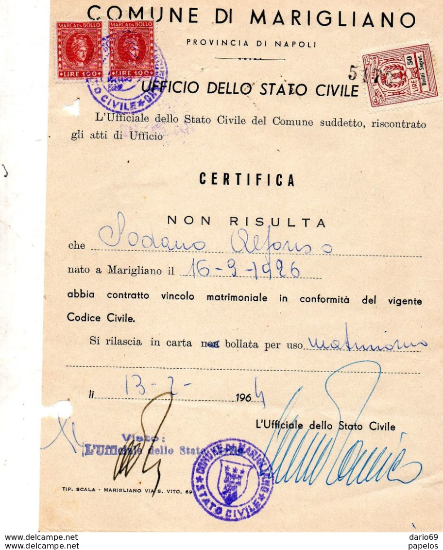 1964   CERTIFICATO CON MARCHE COMUNALI MARIGLIANO   NAPOLI - Vignetten (Erinnophilie)