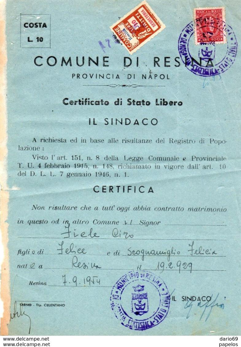 1954  CERTIFICATO CON MARCHE COMUNALE  RESINA   NAPOLI - Vignetten (Erinnophilie)
