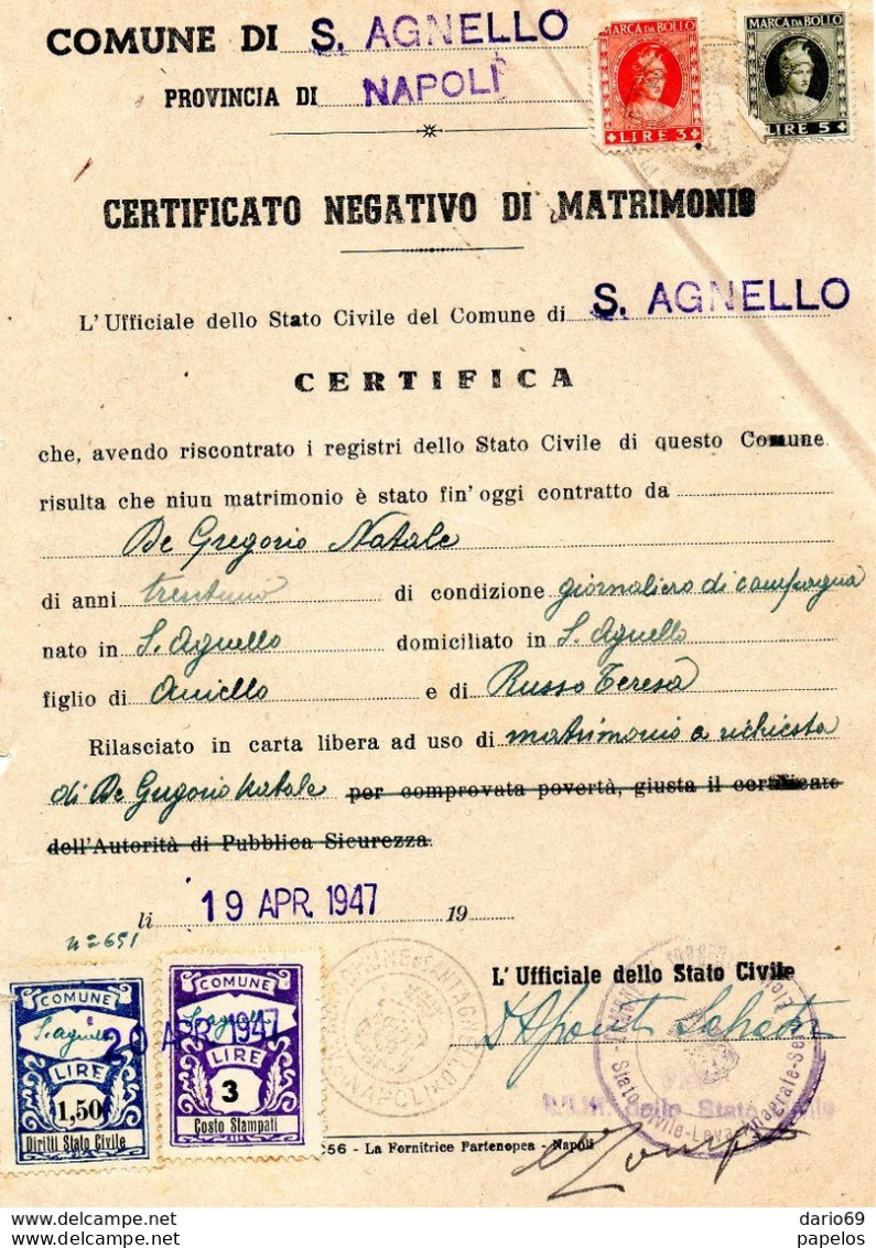 1947  CERTIFICATO CON MARCHE COMUNALE  S. AGNELLO NAPOLI - Vignetten (Erinnophilie)