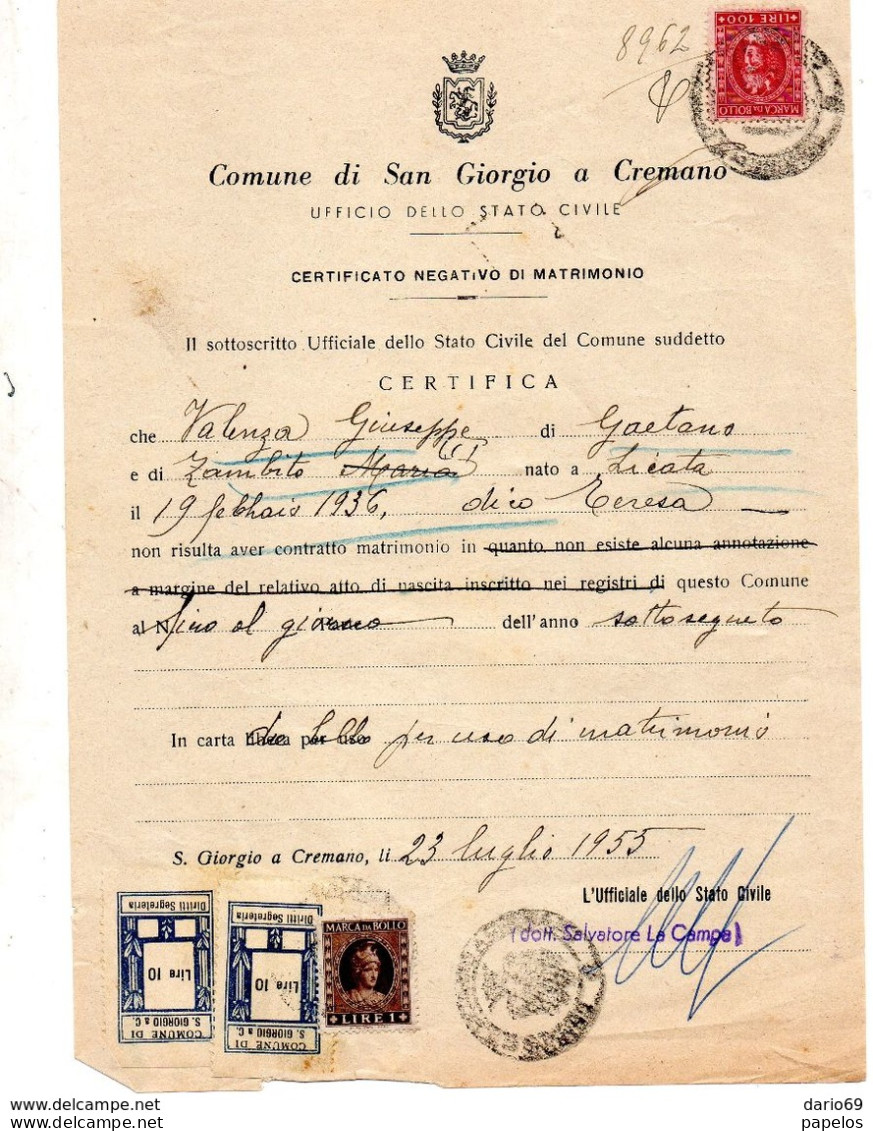 1955  CERTIFICATO CON MARCHE COMUNALI S. GIORGIO A CREMANO   NAPOLI - Vignetten (Erinnophilie)